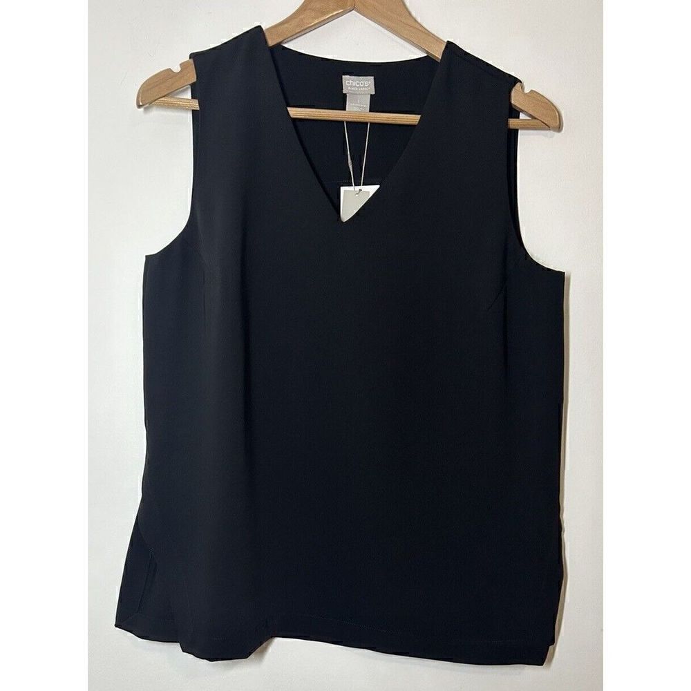 Chicos Black Label Curved Back Tank Blouse Top Size 1 Medium 8/10 Black